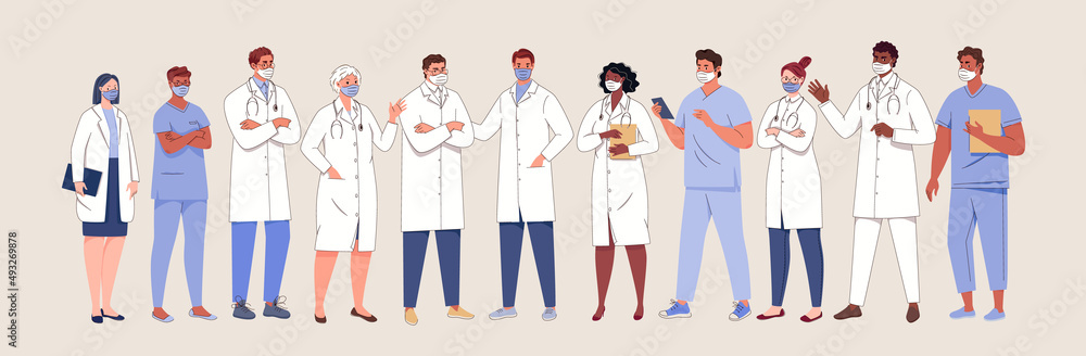 Team of doctors, nurses. Surgeon, pharmacist, laboratory assistant, therapist with stethoscope, smiling under mask. Vector symbols on isolated white background. Illustration in flat cartoon style.
Team of doctors, nurses. Surgeon, pharmacist, laboratory assistant, therapist with stethoscope, smiling under mask. Vector symbols on isolated white background. Illustration in flat cartoon style.