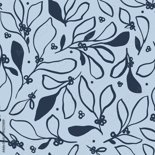 Abstract botanical repeating pattern in blue tones 