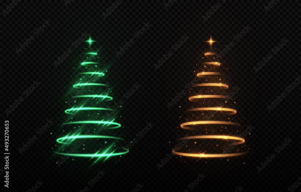 Shiny stylish magical spiral Christmas tree with shining star. Stylized gold Merry Christmas tree silhouette from shiny circle particles on black transparent background. Shiny stylish magical spiral Christmas tree with shining star. Stylized gold Merry Christmas tree silhouette from shiny circle particles on black transparent background.