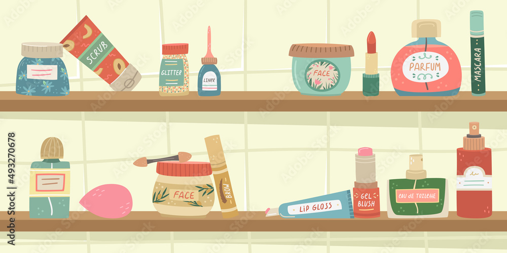 Vector illustration with shelves with decorative cosmetics and skin care products.