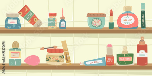 Vector illustration with shelves with decorative cosmetics and skin care products.