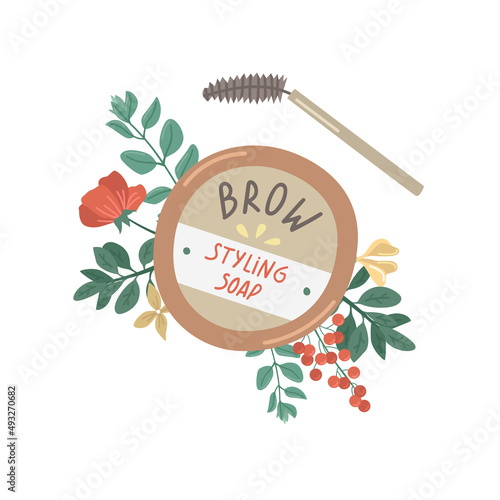 Vector illustration with styling eyebrow soap and floral decor.
