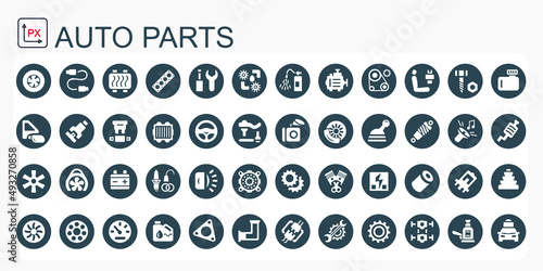 A set of vector icons and logos with car parts, batteries, transmissions, electrical equipment, engines and other special equipment. Car service. Auto parts store. Flat design. Isolated, editable. 
