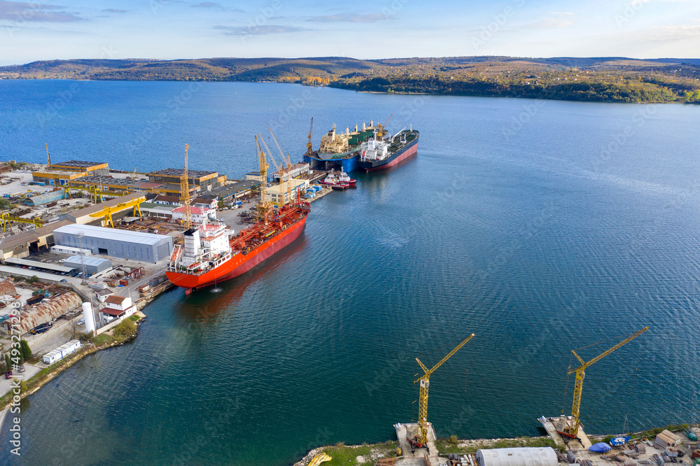 Aerial view from a drone of a port with ships. Water transport