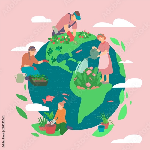 People planting and gardening, saving the planet. Vector illustration.