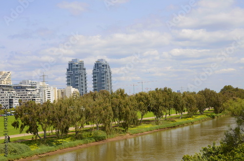 Tel Aviv Cityscape HaYarkon Park and Hot Air Balloon  photo