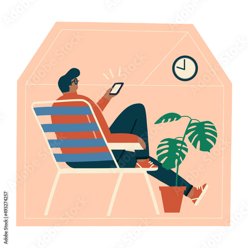 Men sitting in the chair at home, browsing internet by phone, staying connected with people on line in social distancing time during virus epidemic. . Vector illustration