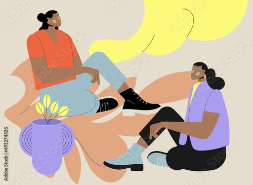 Ilustración de vectores de dos amigas sentadas en el jardín piso platicando y disfrutando
