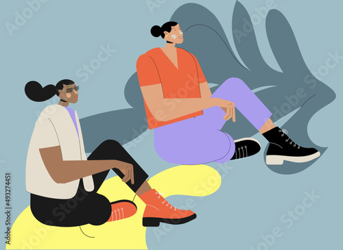 Ilustración de vectores de dos amigas sentadas en el jardín piso platicando y disfrutando
