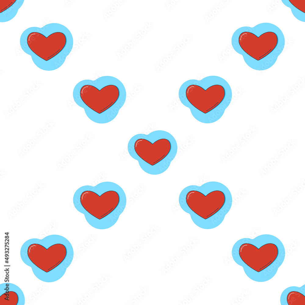 Line art seamless pattern in the form of a red heart on blue figure. Romance graphic texture. Holiday celebration concept. Decorative print. Geometric bright wallpaper. Black contour line