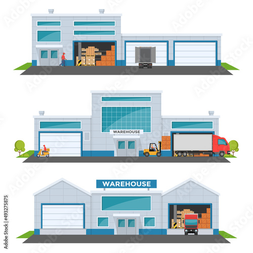 Warehouse out side. Big warehouse and transportation beside. Boxes on pallet shelves people loaders working of warehouse