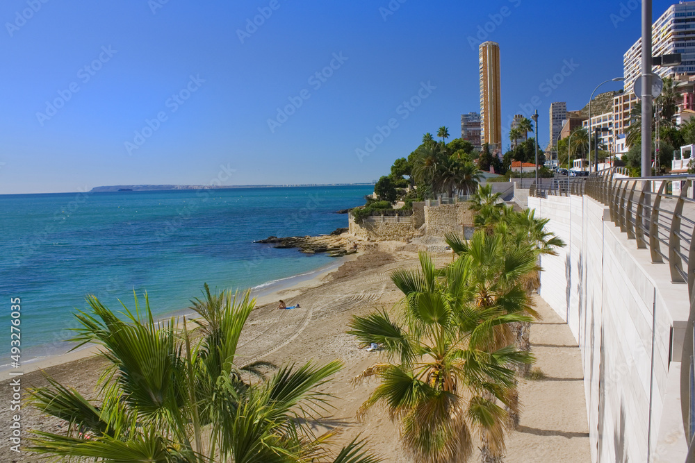 Scenic view of blue sea and beach at sunny day in Alicante, Spain