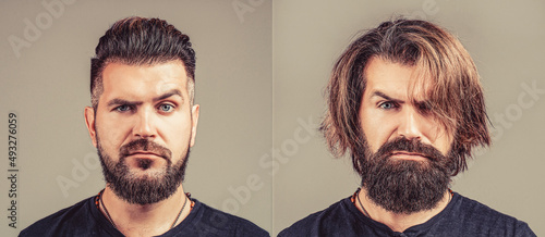 Fotografia Collage man before and after visiting barbershop, different haircut, mustache, beard