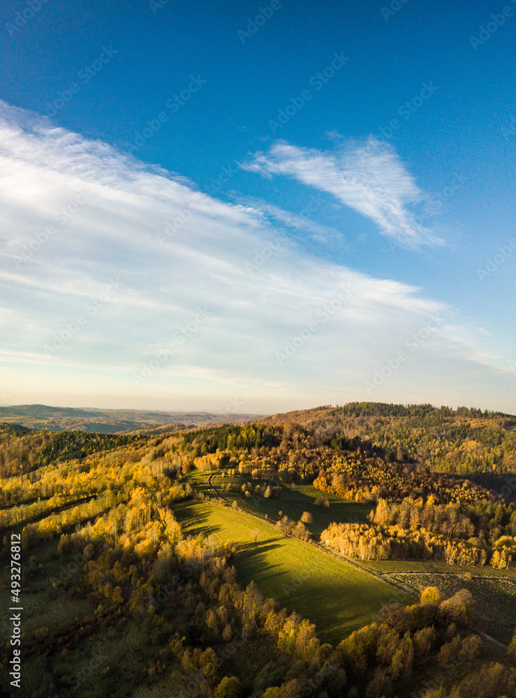 Warm autumn day-  sunset over the mountains - Drone pic - Owl Mountains