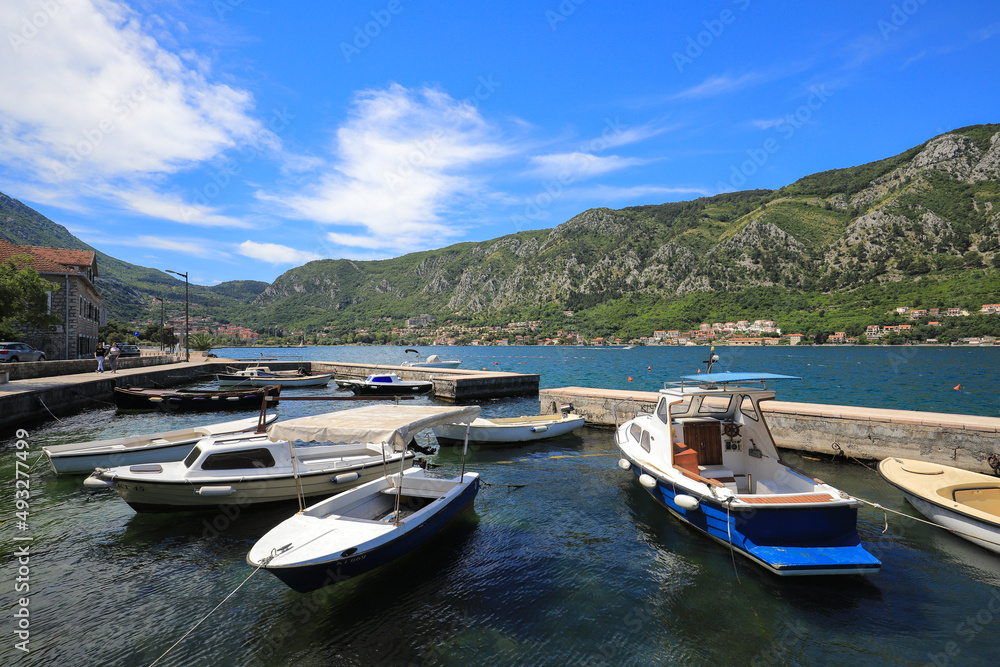 Boats in the harbor in the city of Kotor