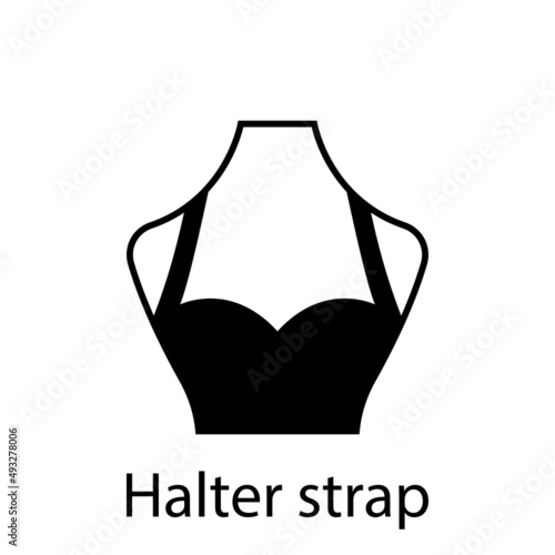 Halter strap of Fashion Neckline Type for Women Blouse, Dress Silhouette Icon. Black T-Shirt, Crop Top on Dummy. Trendy Ladies Halter strap Type of Neckline. Isolated Vector Illustration