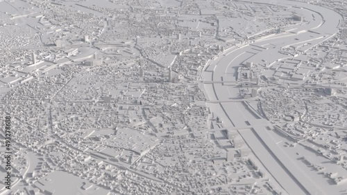Flight over a white 3D model of Cologne. Slight rotation with the Cologne Cathedral in focus.