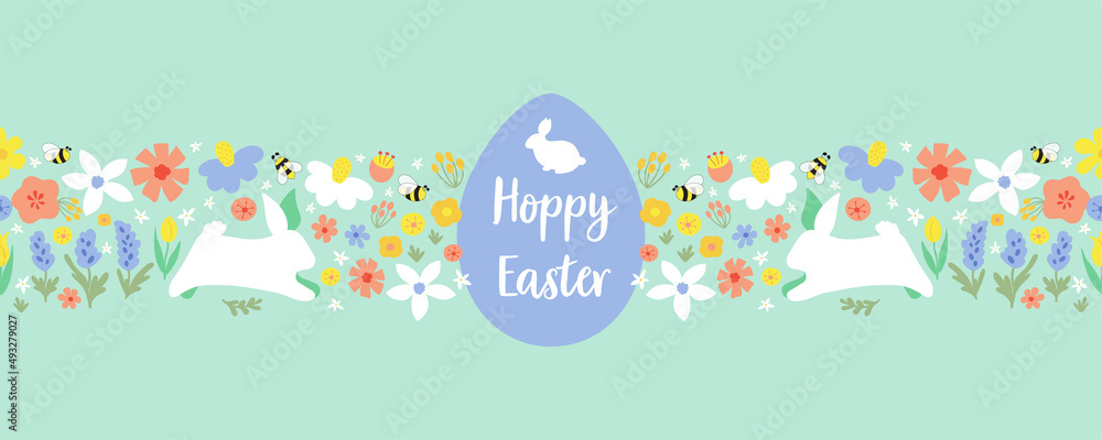 Easter horizontal seamless border pattern. Cute floral easter rabbit, easter bunny, eggs. Hoppy Easter. Eggs hunt repeated border. Cute white rabbits on floral background. Spring vector illustration. Easter horizontal seamless border pattern. Cute floral easter rabbit, easter bunny, eggs. Hoppy Easter. Eggs hunt repeated border. Cute white rabbits on floral background. Spring vector illustration.