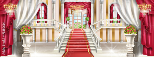 Fotografie, Obraz Palace interior background, vector castle hall illustration, marble staircase, medieval luxury ballroom