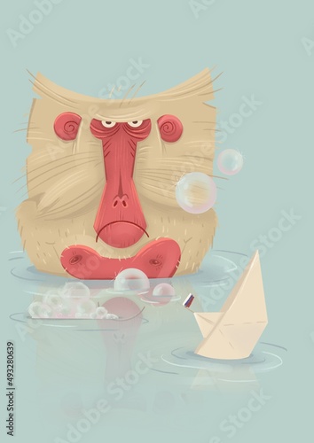 Fotografie Russian red monkey with the paper warship in the water
