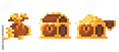 Treasure chests open and close, bag full of golden coins pixel art icon set. Box and purse with money logo collection. 8-bit sprite. Game development, mobile app.  Isolated vector illustration.