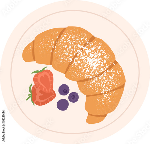 French Croissant with Fruits on Plate Illustration