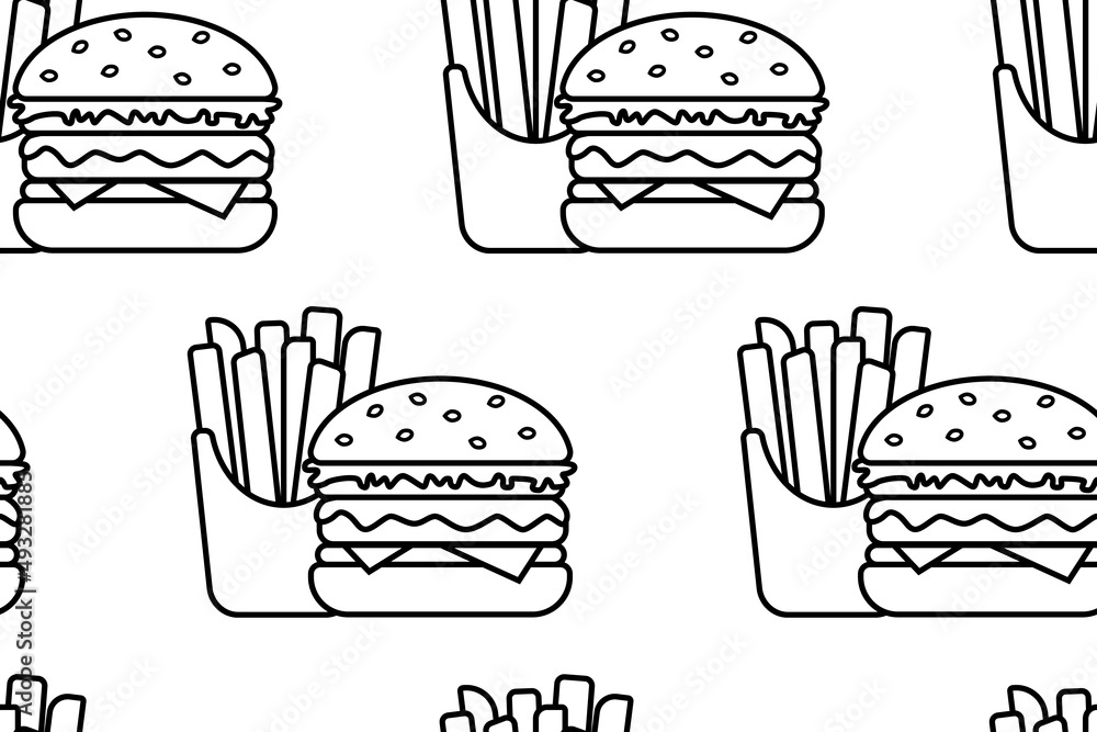 Hamburger and French fries. Seamless pattern of Simple black and white icons. Street food logo for menus, banners, packaging. Fast street food concept. Vector illustration Hamburger and French fries. Seamless pattern of Simple black and white icons. Street food logo for menus, banners, packaging. Fast street food concept. Vector illustration