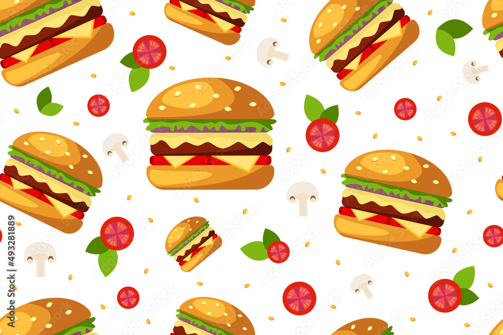 Colors Seamless pattern with Hamburger, tomatoes and lettuce leaves on white background. Street food for menus, banners, packaging, textiles. Fast street food concept. Vector illustration Colors Seamless pattern with Hamburger, tomatoes and lettuce leaves on white background. Street food for menus, banners, packaging, textiles. Fast street food concept. Vector illustration