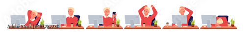 Man working online on business project in different poses vector illustration. Cartoon happy and sad guy using gadget, person sitting at personal office computer in modern workplace isolated on white