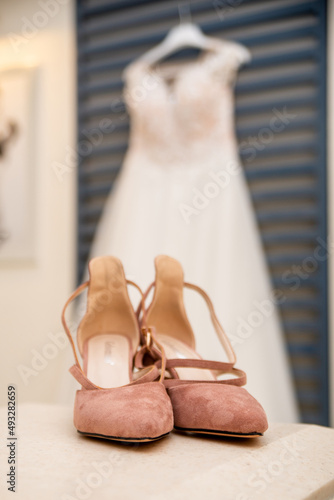bride wedding dress and shoes