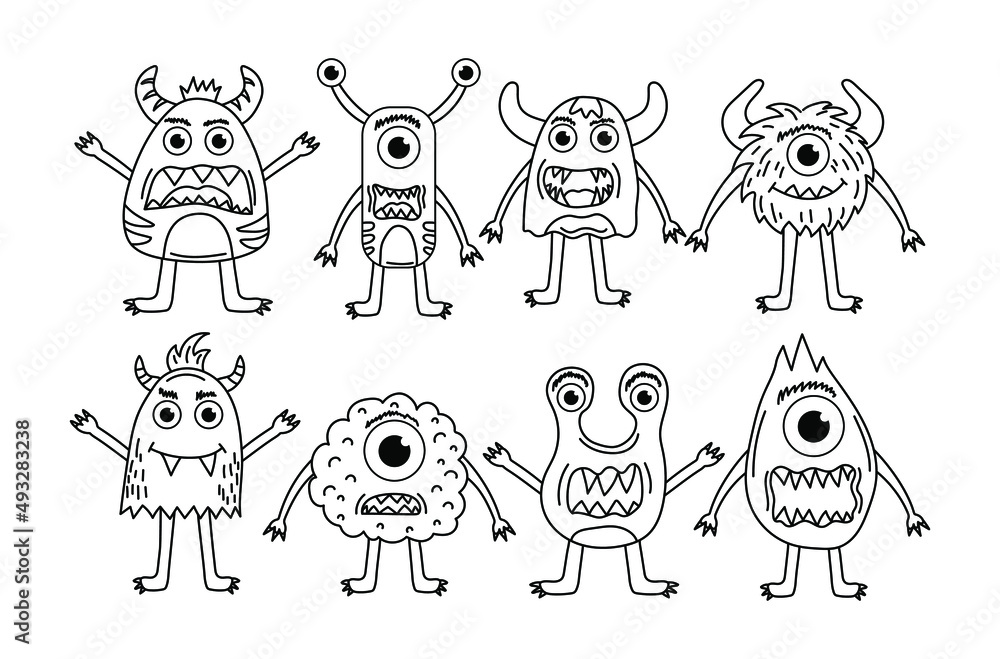 Set of cute monsters for coloring pages. Vector line aliens. Collection of modern line illustrations.
