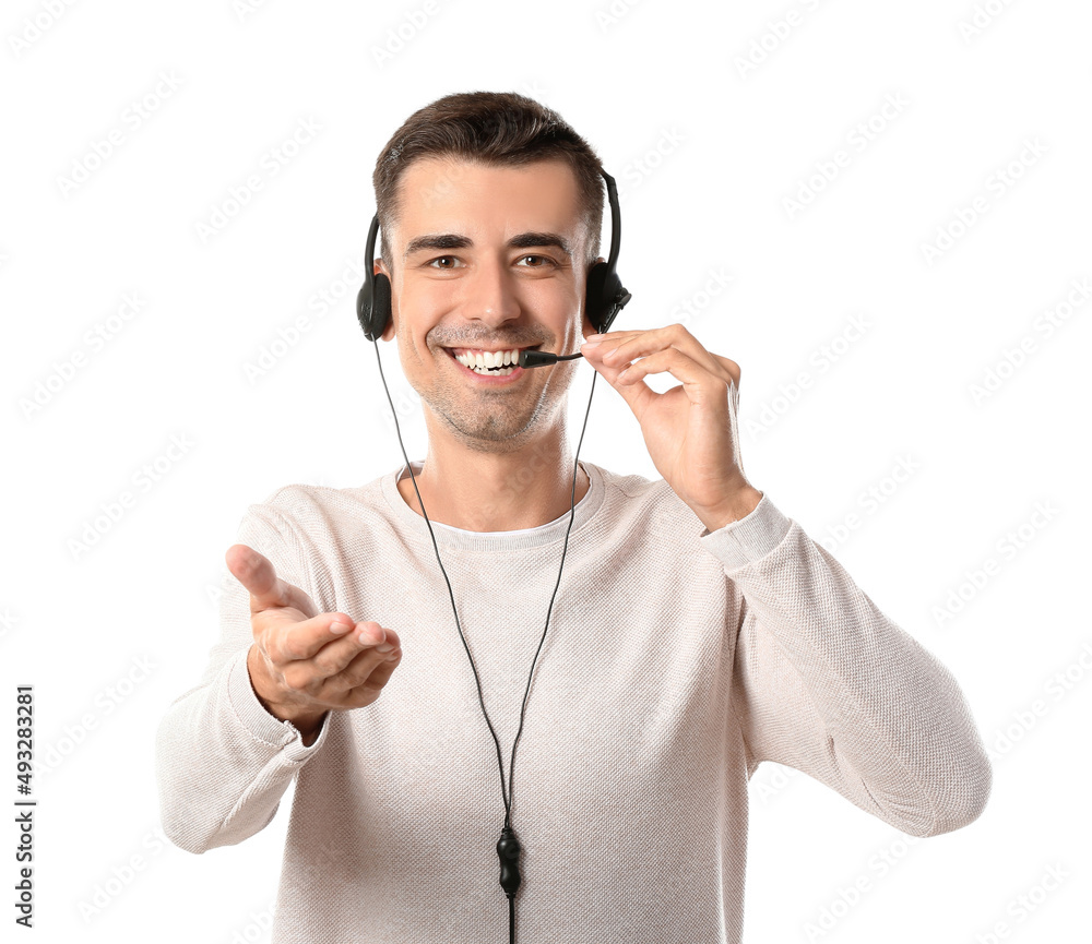 Answering male consultant of call center in headset on white background Answering male consultant of call center in headset on white background