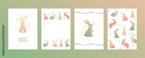 Happy Easter card. Spring greeting card. Cute easter egg, flowers, bunny and leaves. Vector flat cartoon illustration. Trendy design for social media, poster, print, card, invitation, greeting, tag