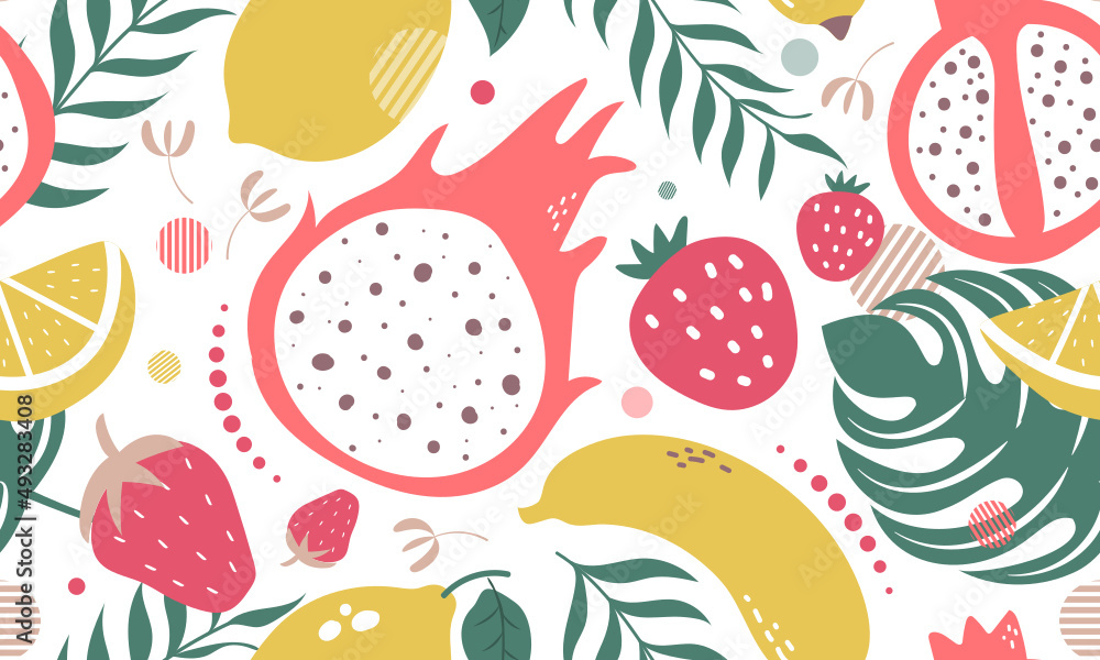 Hand drawn cute seamless pattern fruits, Banana, Pomegranate, Cherry, Strawberry, Lemon and leaf on colour background. Vector illustration. Hand drawn cute seamless pattern fruits, Banana, Pomegranate, Cherry, Strawberry, Lemon and leaf on colour background. Vector illustration.