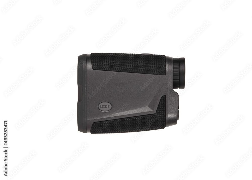 Modern optical range finder isolated on white back. Isolated black plastic rangefinder used for golfing or hunting. Modern optical range finder isolated on white back. Isolated black plastic rangefinder used for golfing or hunting.
