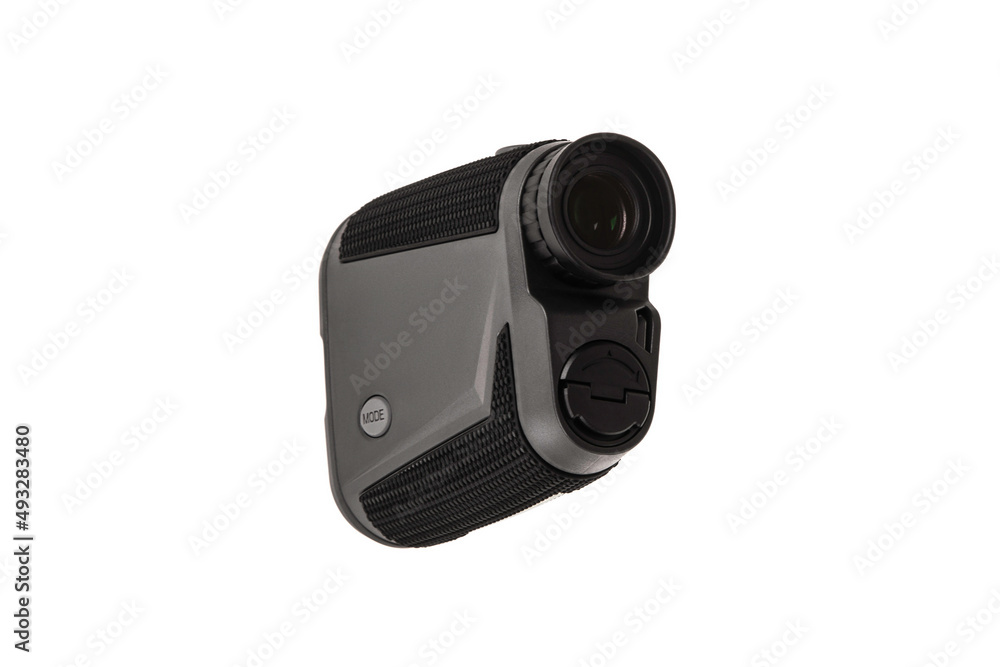 Modern optical range finder isolated on white back. Isolated black plastic rangefinder used for golfing or hunting. - obrazy, fototapety, plakaty 