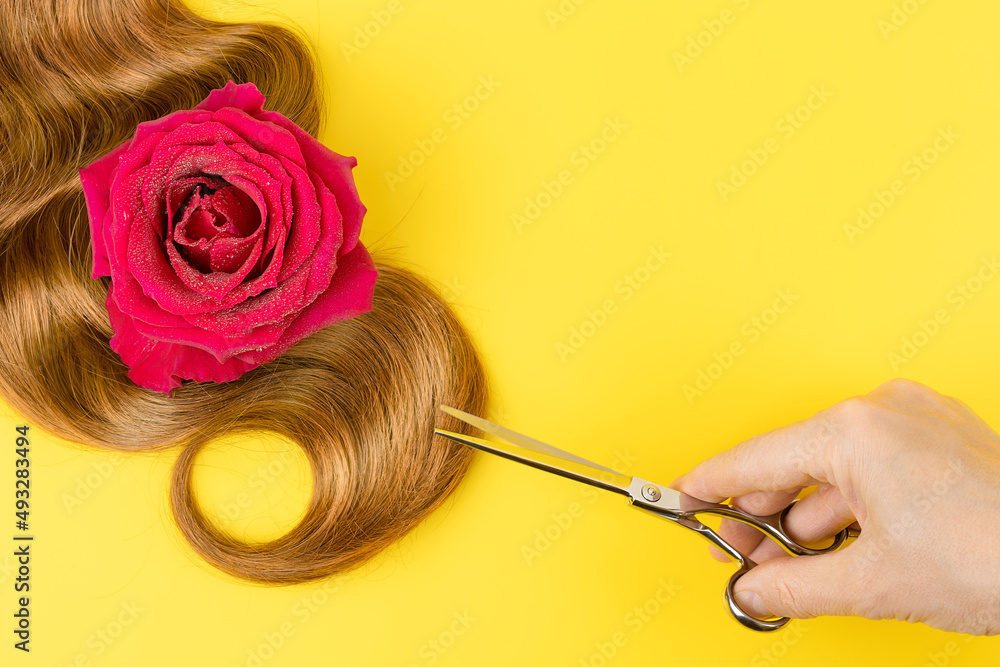 A hand holds a hairdressing tool over brown hair on a yellow background. Hair care and beauty products. A hand holds a hairdressing tool over brown hair on a yellow background. Hair care and beauty products.