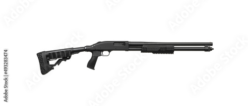 Photography Pump-action 12 gauge shotgun isolated on a white back