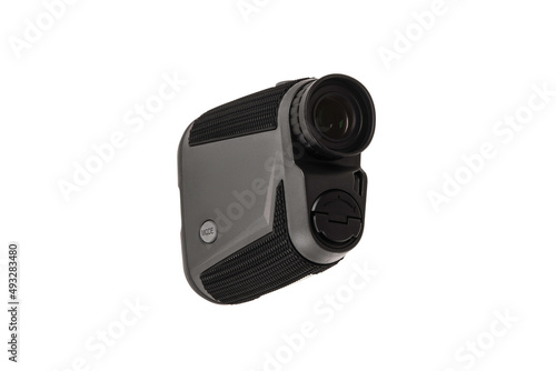 Modern optical range finder isolated on white back. Isolated black plastic rangefinder used for golfing or hunting.