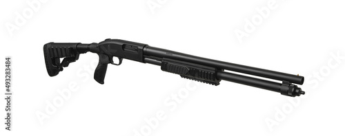 Photography Pump-action 12 gauge shotgun isolated on a white back