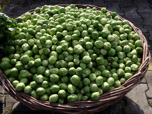 Brussels sprouts on a farmers market stall in the Aegean coastal town Yalikavak, Bodrum, Turkey. photo