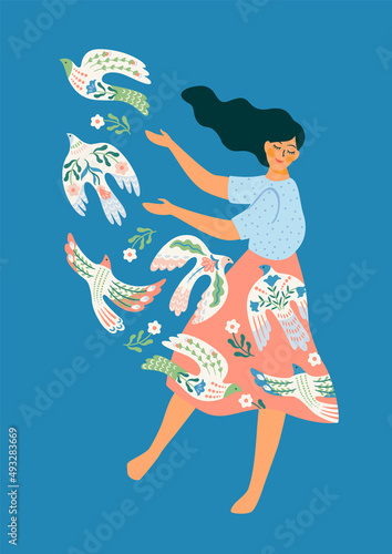 Peace. Woman and dove of peace. Vector illustration. Elements for card, poster, flyer and other