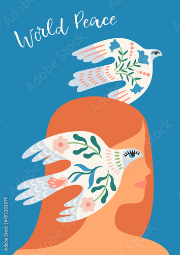 Peace. Woman and dove of peace. Vector illustration. Elements for card, poster, flyer and other