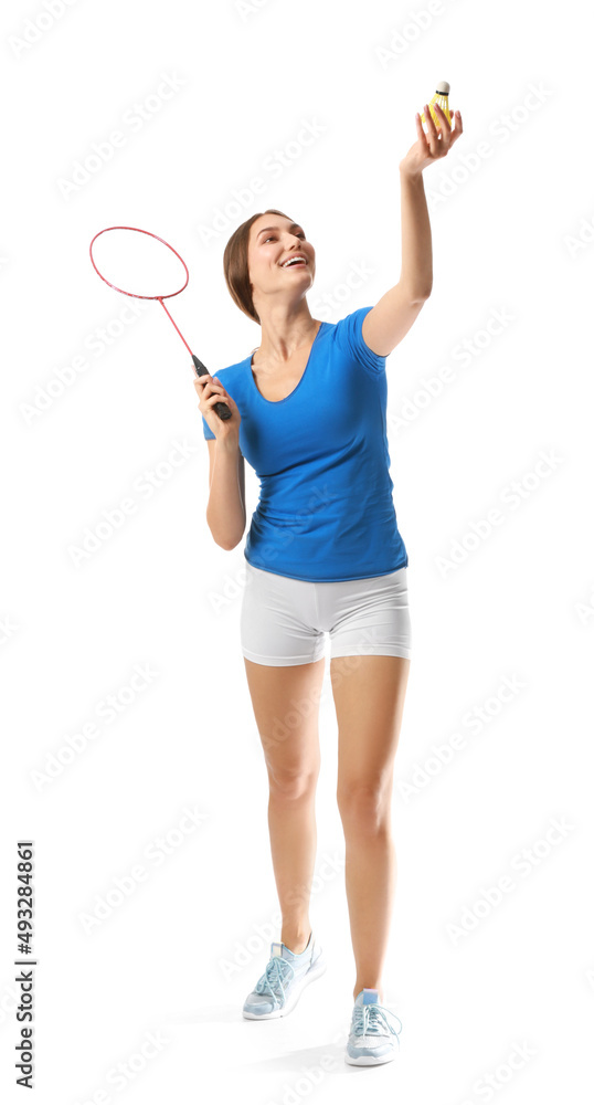 Sporty female badminton player on white background Sporty female badminton player on white background