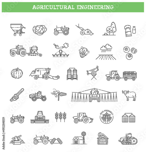 Agricultural and farming machines vector icons set