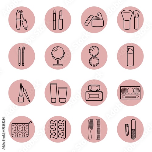 Highlight covers. Beauty icon collection. Round icons for social media stories. Vector set.