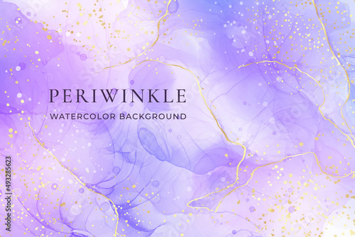 Violet lavender liquid watercolor marble background with golden lines. Pastel purple periwinkle alcohol ink drawing effect. Vector illustration design template for wedding invitation, menu, rsvp