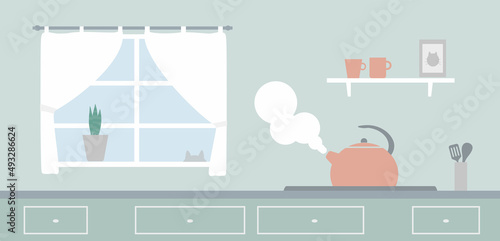 Home interior. Cozy kitchen room interior with appliances and furniture, window with curtains. Cooking room. Home flower in pot. Boiling kettle on the stove, cooker hob. Color flat vector illustration