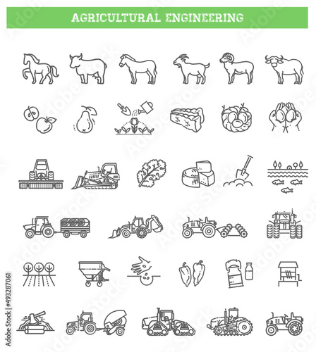 Agricultural and farming machines vector icons set