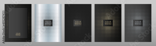 Modern luxury cover design set. Elegant fashionable background with abstract diamond digital geometric pattern in silver, black, gold color dots. Premium vector for menu, flyer, vip invitation.
